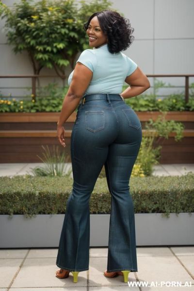 Ebony mature woman, light-green micro top, light-blue bootcut jeans, monk shoes, ((spread legs)), twerk pose - ai-porn.ai on pornintellect.com