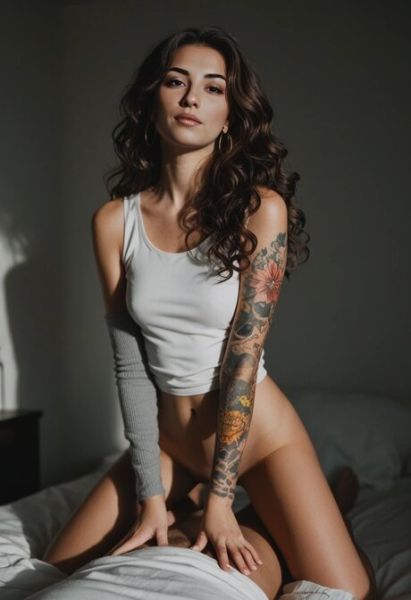 Pretty curly haired brunette rides a big dick in an AI generated scene - pornpics.com on pornintellect.com
