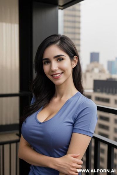 Blue short sleeve crew neck shirt, fancy business pants, balcony at a luxury hotel in manhattan, night time, lean, (photorealistic), (ultra detailed photo), (hyper realistic photo), ((busty)), (higareda ), hud3 - ai-porn.ai on pornintellect.com