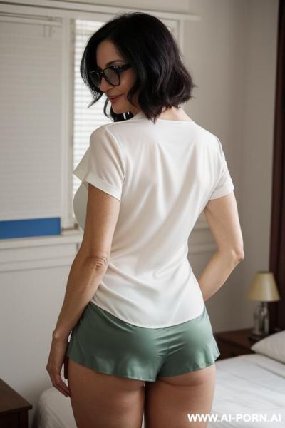 Tousled lob, beautiful, pyjama shorts, big ass and hips, full body view, looking at viewer - ai-porn.ai on pornintellect.com