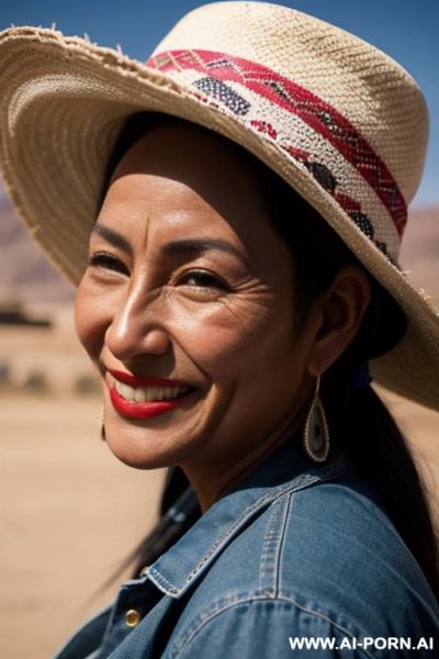 Aymara woman, dark skin, cholita clothes, bombín hat - ai-porn.ai on pornintellect.com