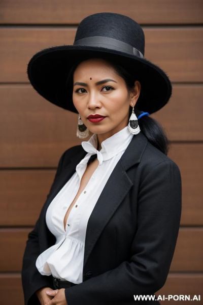 Aymara woman, dark skin, cholita clothes, bowler hat - ai-porn.ai on pornintellect.com