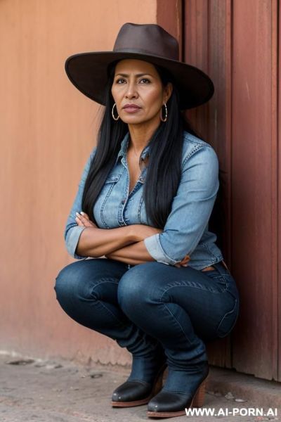 Aymara woman, dark skin, cholita clothes, straight jeans, bombín hat - ai-porn.ai on pornintellect.com