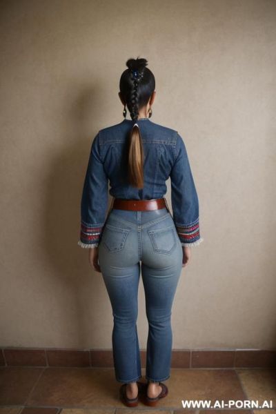 Guatemala woman, ethnic outfit, straight blue jeans, belt, monk shoes - ai-porn.ai on pornintellect.com