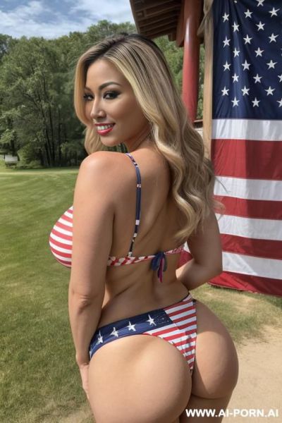 Milf sexbot, front view, full body view, looking at viewer, seductive smile, pretty face, blonde hair, big lips, heavy makeup, ((keep face)), ((keep body)), sunny summer day, outside large lake - ai-porn.ai - Usa on pornintellect.com