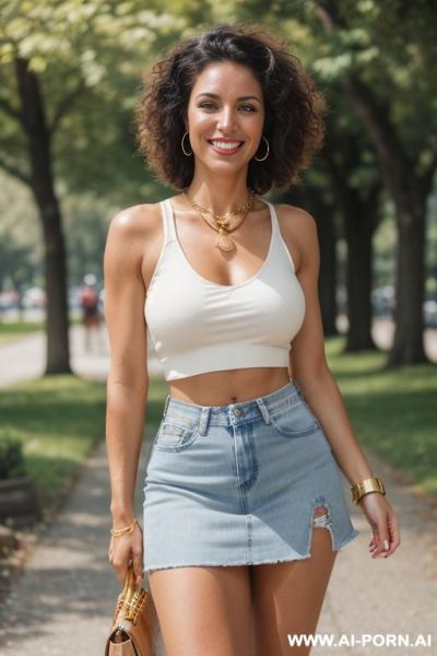 A photorealistic image of a fit and beautiful woman with very light-brown, she had a determined look on her face, sincere smile, wide hips. romantic summer vacation with elegant and beautiful - ai-porn.ai on pornintellect.com
