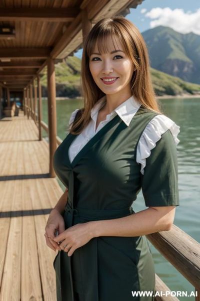Stunningly beautiful japanese milf, gigantic saggy tits, beautiful make up, ((keep face)), ((keep body)), sunny summer day, outside large lake house on the lake, wearing white shirt, - ai-porn.ai - Japan on pornintellect.com