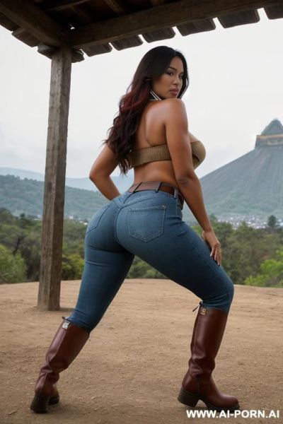 Guatemala woman, dark skin, red short colored poncho, straight blue jeans, belt, beige riding long boots, view from the ground, ((between her legs)), show ass, ((full body view)), extra low angle view, twerking - ai-porn.ai on pornintellect.com