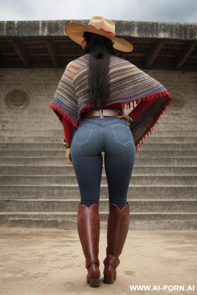 Guatemala woman, dark skin, red short colored poncho, straight blue jeans, belt, beige riding long boots, hat, view from the ground, ((between her legs)), show ass, ((full body view)), low angle view - ai-porn.ai on pornintellect.com