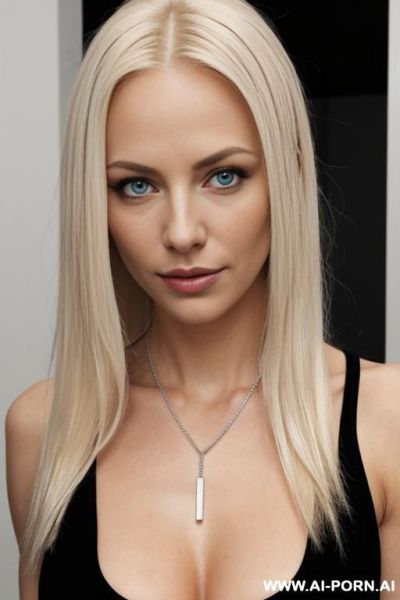 The woman has long, straight platinum-blonde hair, light-colored eyes, and is wearing a black sleeveless top and a delicate necklace with a pendant, while looking at the camera with a neutral expression nacked - ai-porn.ai on pornintellect.com