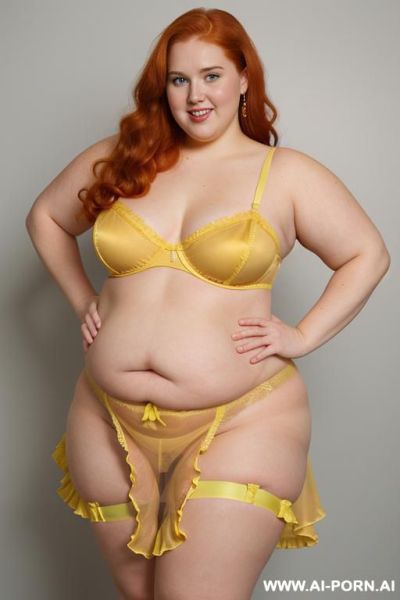 Half body photo shot close up. a ((british obese fat bbw redhead)), ((thick with love handless)). ((wearing a yellow sexy and hot garter belt lingerie, and a darkcolorfull ruffle silk micro-skirt)). she is smiling - ai-porn.ai - Britain on pornintellect.com