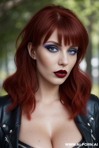 Sexy pornstar multicolor hairs ginger brunette purple sexy goth cyber dreadlocks cyberpunk in red studded leather jacket big blue eyes big lips red lipstick goth makeup long bangs hairs side view wet lips slutty sexy lips beautifulface mysterious eyes - ai-porn.ai on pornintellect.com