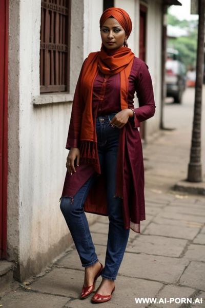 Bangladeshi woman, very dark skin, red colored ethnic clothes, monk shoes, head scarf - ai-porn.ai on pornintellect.com