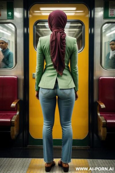 Bangladeshi woman, light-green blazer, straight blue jeans, monk shoes, headscarf - ai-porn.ai on pornintellect.com