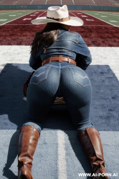Angry guatemala milf, huge ass, straight blue jeans, leather belt, short colored poncho, straight blue jeans, brown riding long boots, hat, riding crop, (((football stadium inside backround))), spread legs, view from the ground - ai-porn.ai on pornintellect.com