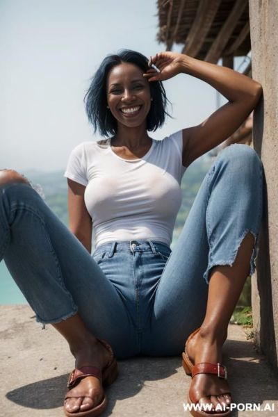 Angry panama woman, dark skin, wet skin, white t shirt, straight paintfull blue ripped jeans, monk shoes, ((view from the ground)), spread legs - ai-porn.ai on pornintellect.com