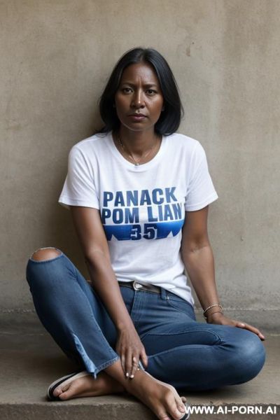 Angry panama woman, dark skin, straight blue jeans, panama team t-shirt, monk shoes - ai-porn.ai on pornintellect.com