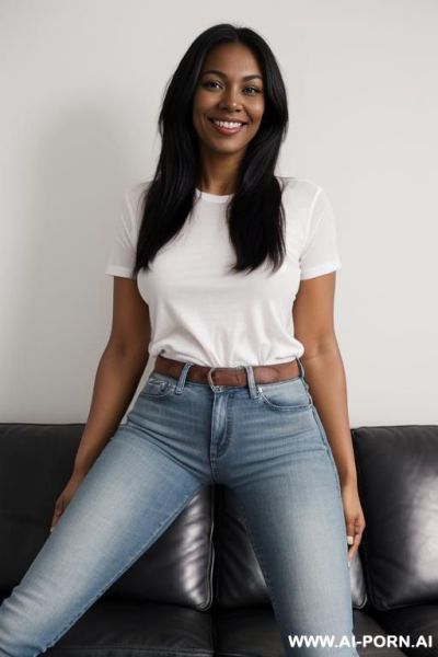 Panama woman, dark skin, straight blue jeans, panama style t-shirt, low flats shoes, spread legs, ((view from the ground)), extra low angle view, ((light up photo the pussy area)) - ai-porn.ai on pornintellect.com