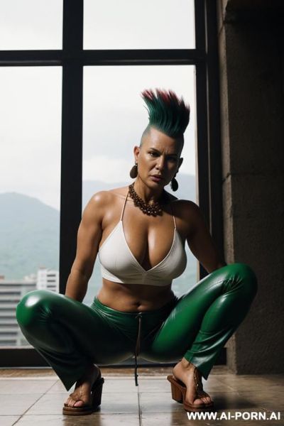 Native panama woman , angry, light-green leather pants, monk shoes, spread legs, view from the ground - ai-porn.ai on pornintellect.com