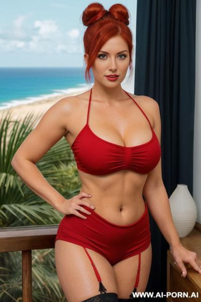 Female in tight jeans in tight red sport tshirt bare shoulders bare stomach cleavage busty sexy ginger fashionable hairstyle she walk mountain sand path dunes jungle forest elevated path above azure ocean clear blue sky big city along beach - ai-porn.ai on pornintellect.com