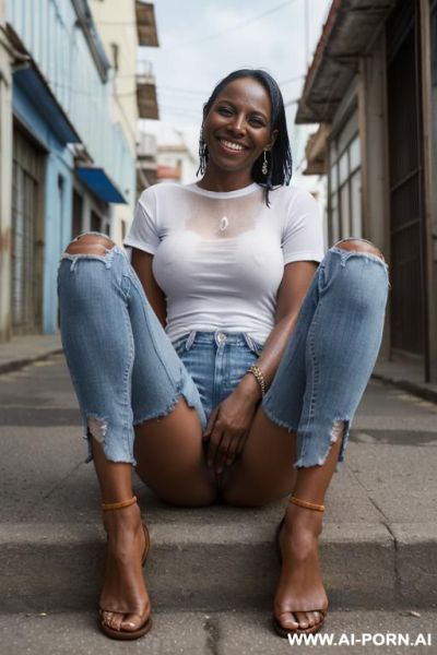 Angry panama woman, dark skin, wet skin, white t shirt, straight paintfull blue ripped jeans, monk shoes, ((view from the ground)), spread legs, ((city street backgrond)) - ai-porn.ai on pornintellect.com