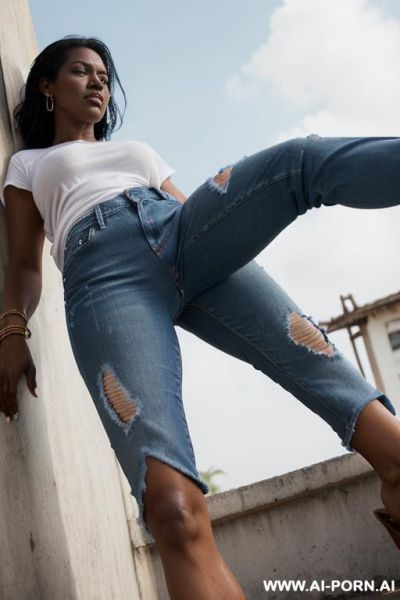 Angry panama woman, dark skin, wet skin, white t shirt, straight paintfull blue ripped jeans, monk shoes, ((view from the ground)), ((extra low angle)), front view, show her pussy - ai-porn.ai on pornintellect.com