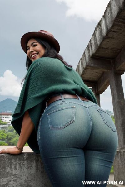 Native guatemala gilf, dark skin, chubby, short green colored poncho, straight light-blue jeans, leather belt, oxford shoes, leather hat, ((view from the ground)), ((extra low angle)), lean, show her ass - ai-porn.ai on pornintellect.com