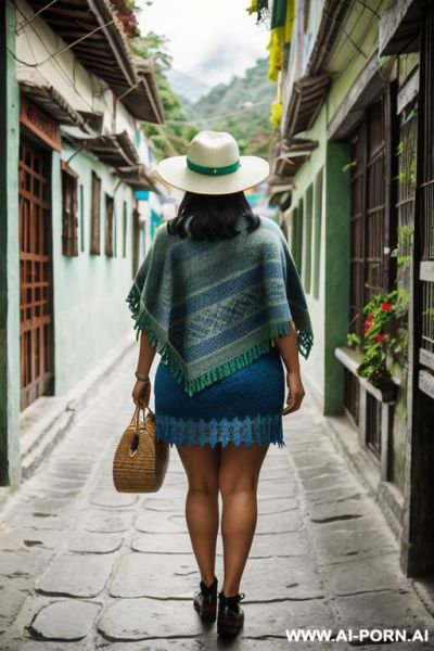 Native guatemala gilf, chubby, short green colored poncho, ligh-blue corte skirt, oxford shoes, hat - ai-porn.ai on pornintellect.com