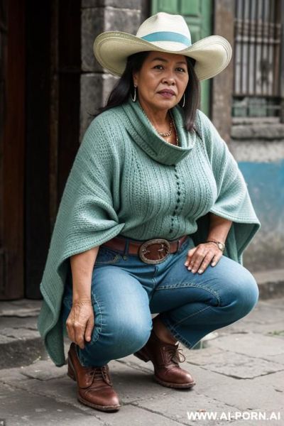Native guatemala gilf, chubby, short green colored poncho, straight light-blue jeans, leather belt, oxford shoes, hat - ai-porn.ai on pornintellect.com