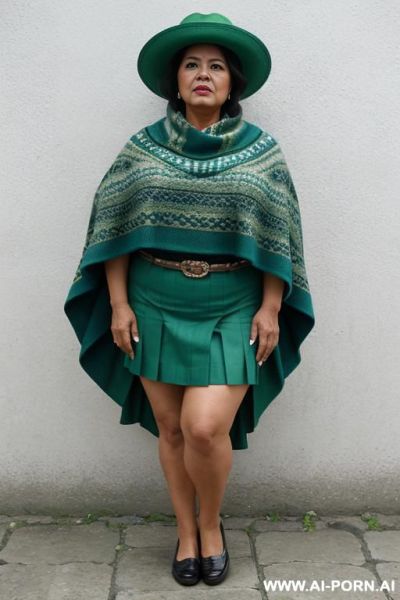 Native guatemala gilf, angry, chubby, short green colored poncho, ligh-blue corte skirt, oxford shoes, hat - ai-porn.ai on pornintellect.com