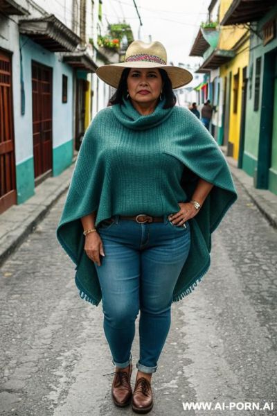 Native guatemala gilf, angry, chubby, short green colored poncho, straight light-blue jeans, oxford shoes, hat - ai-porn.ai on pornintellect.com