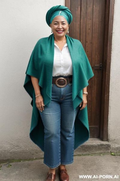 Native guatemala gilf, chubby, short green colored poncho, straight light-blue jeans, leather belt, oxford shoes, head wrap - ai-porn.ai on pornintellect.com