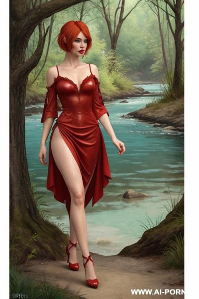 Female fantasy ginger in red suede summer dress bare shoulders lowered sleeves in fantasy mountain intricate image comic-drawing vintage style she walk along river overgrown wilderness park forest landscape leather hooker - ai-porn.ai on pornintellect.com