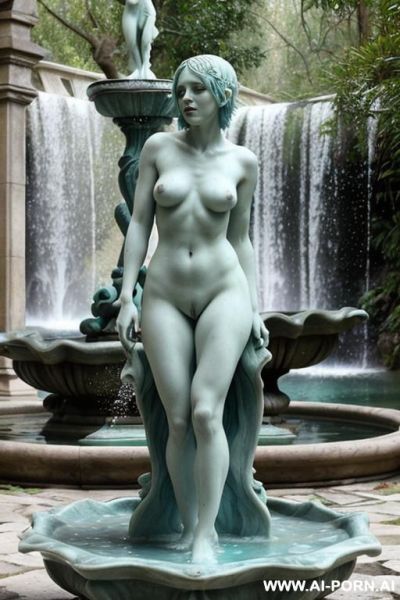 Female nude naked marble sculpture intricate fountain in park three females gothic style overgrown wilderness big intricate fountain waterfalls azure water overgrown wilderness - ai-porn.ai on pornintellect.com