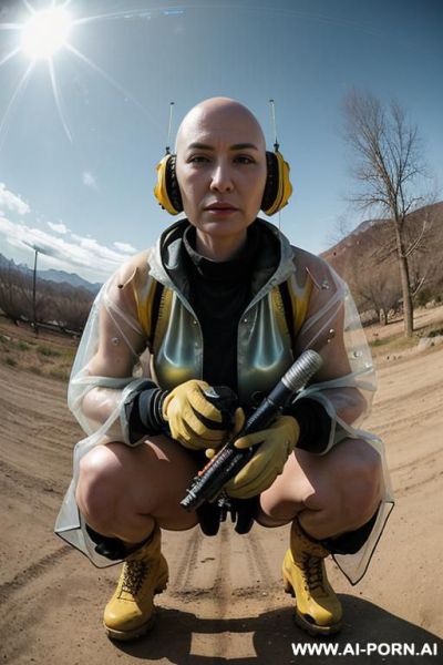 ((((view fish eye lens)))) up level shot forehead in closedup hyperrealism painting: slender bald old japanese woman, age twenty, ((aa cup teardrop boobs)), on the desert field, bald head, image - ai-porn.ai - Japan on pornintellect.com
