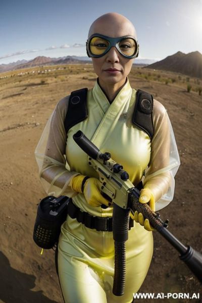 ((((view fish eye lens)))) up level shot forehead in closedup hyperrealism painting: slender bald old japanese woman, age twenty, ((aa cup teardrop boobs)), on the desert field, bald head, she - ai-porn.ai - Japan on pornintellect.com