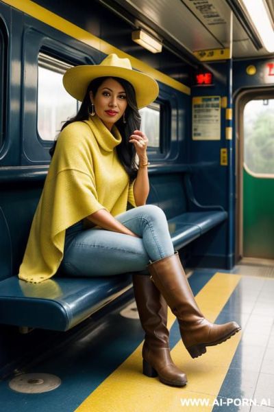 Guatemala gilf, dark skin, yellow-green colored short poncho, straight blue jeans, brown rissing long boots, hat - ai-porn.ai on pornintellect.com