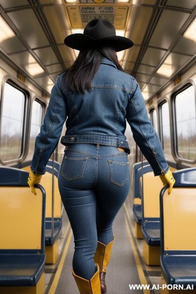 Guatemala gilf, dark skin, short jacket, straight blue jeans, yellow riding long boots, hat - ai-porn.ai on pornintellect.com