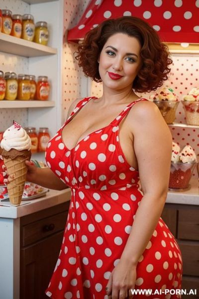 Gorgeous hot brunette women wearing (((red polka dot dress))) in kitchen, curvy ass, fucked, pov, cartoon style - ai-porn.ai on pornintellect.com