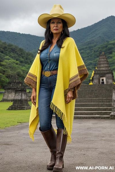 Guatemala gilf, angry, dark skin, yellow colored short poncho, straight blue jeans, brown rissing long boots, hat - ai-porn.ai on pornintellect.com