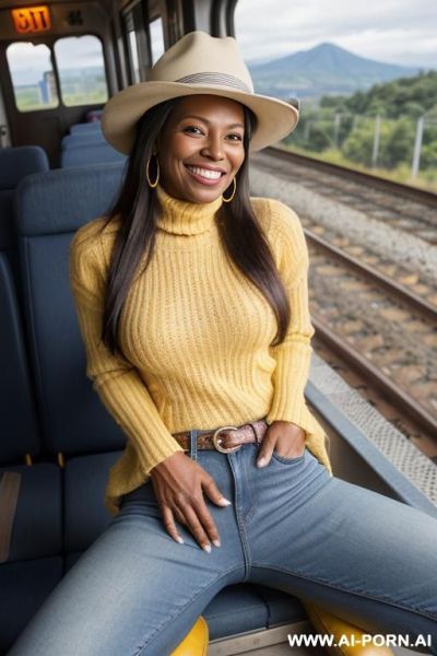 Guatemala gilf, dark skin, pullover, straight blue jeans, yellow riding long boots, hat, ((view from the ground)), spread legs - ai-porn.ai on pornintellect.com