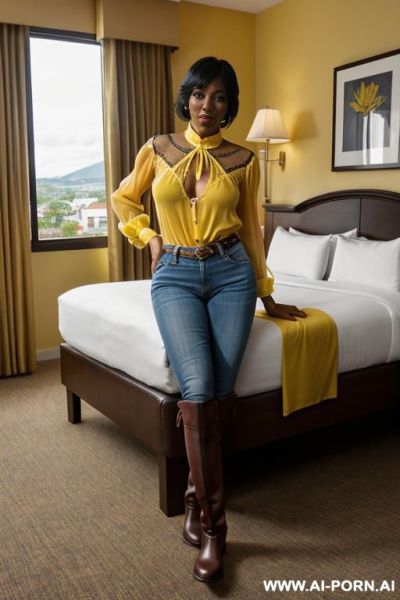 Guatemala gilf, dark skin, transparent blouse, ((show large dark nipples)), straight blue jeans, yellow riding long boots, view from the ground, spread legs, ((hotel bedroom inside)) - ai-porn.ai on pornintellect.com