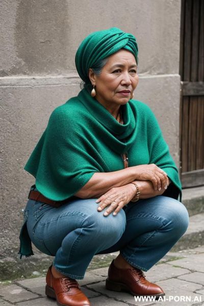 Native guatemala gilf, chubby, short green colored poncho, straight light-blue jeans, leather belt, oxford shoes, head wrap - ai-porn.ai on pornintellect.com