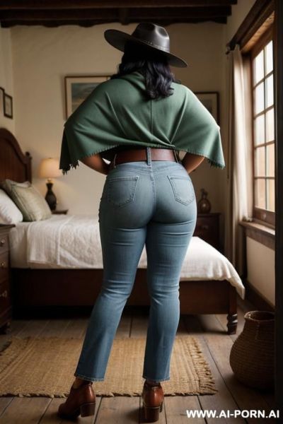 Native guatemala gilf, dark skin, chubby, short green colored poncho, straight light-blue jeans, leather belt, oxford shoes, leather hat, ((view from the ground)), ((extra low angle)), lean, show her ass, ((full body shot)), ((village bedroom)) - ai-porn.ai on pornintellect.com
