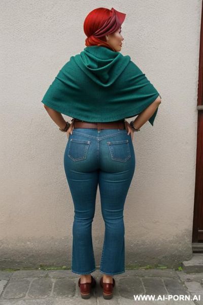 Native guatemala gilf, chubby, short green colored poncho, straight light-blue jeans, leather belt, oxford shoes, red head wrap - ai-porn.ai on pornintellect.com