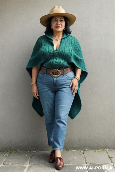Native guatemala gilf, chubby, short green colored poncho, straight light-blue jeans, leather belt, oxford shoes, hat - ai-porn.ai on pornintellect.com