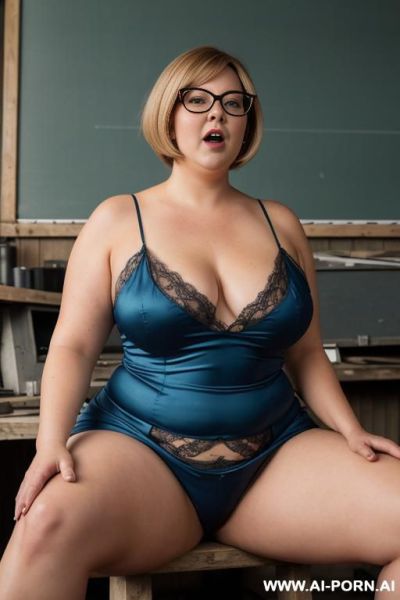 ((photorealistic)) wide angle shot of shed. girl sitting on workbench masturbating. ((her legs are spread)) she looks at the camera in surprise. - ai-porn.ai on pornintellect.com