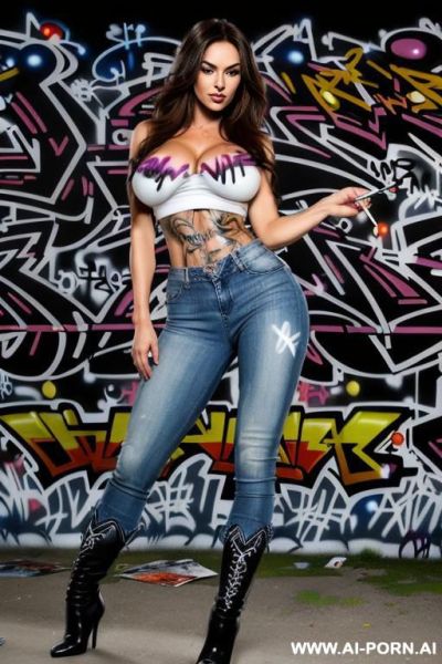 ((((medium body shot)))) down level shot boobs in closedup sky cloudy at night at the outdoor graffiti festivalshow pretty italian woman full lips seductive look shocked face from behind standing - ai-porn.ai - Italy on pornintellect.com