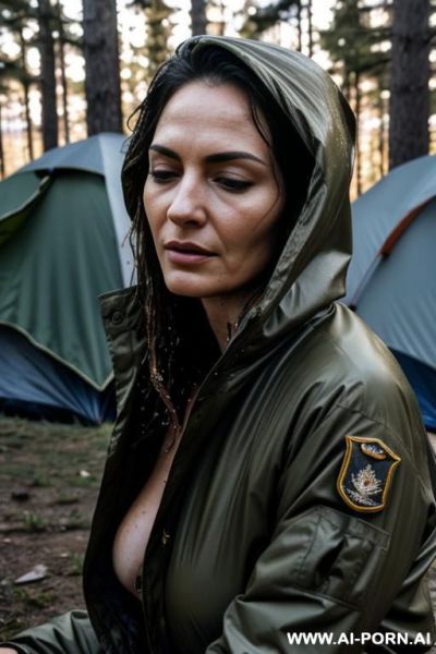 Photograph, nude, mature woman, wet skin, medium breasts, sleeping bag, military jacket, night, outdoor, camping, realistic, natural lighting, serious expression, sexual, detailed, - ai-porn.ai on pornintellect.com