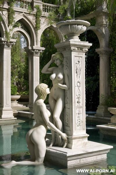 Female nude naked marble sculpture intricate fountain in park three females holding water pot gothic style overgrown wilderness - ai-porn.ai on pornintellect.com